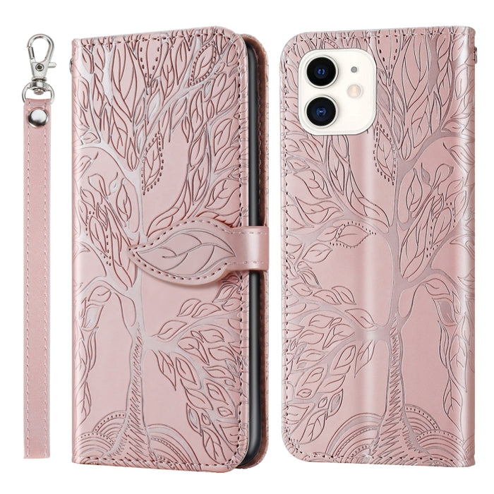 Horizontale Klapphülle aus Leder mit Prägemuster „Leben eines Baumes“ und Halterung &amp; Kartenfach &amp; Geldbörse &amp; Bilderrahmen &amp; Trageband, für iPhone 13 mini, für iPhone 13, für iPhone 13 Pro, für iPhone 13 Pro Max