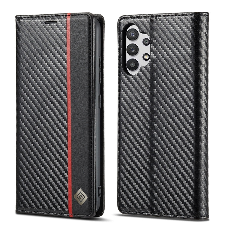 LC.IMEEKE Horizontal Flip Lederhülle aus Kohlefaser PU + TPU mit Halter &amp; Kartensteckplatz &amp; Geldbörse für Samsung Galaxy A32 5G (vertikales Schwarz), für Samsung Galaxy A32 5G