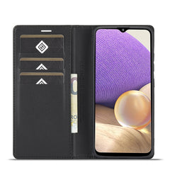 LC.IMEEKE Horizontal Flip Lederhülle aus Kohlefaser PU + TPU mit Halter &amp; Kartensteckplatz &amp; Geldbörse für Samsung Galaxy A32 5G (vertikales Schwarz), für Samsung Galaxy A32 5G