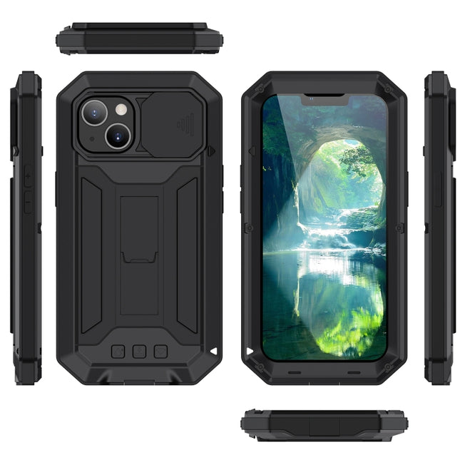 R-JUST Schiebekamera Stoßfestes, wasserdichtes, staubdichtes Metall + Silikon-Schutzhülle mit Halterung, für iPhone 13 mini, für iPhone 13, für iPhone 13 Pro, für iPhone 13 Pro Max