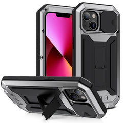 R-JUST Sliding Camera Shockproof Waterproof Dust-proof Metal + Silicone Protective Case with Holder, For iPhone 13 mini, For iPhone 13, For iPhone 13 Pro, For iPhone 13 Pro Max