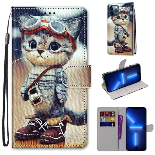 Funda de piel sintética con tapa horizontal con textura cruzada y dibujo de colores, con soporte, ranuras para tarjetas, billetera y cordón, para iPhone 13 Pro