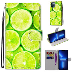 Funda de piel sintética con tapa horizontal con textura cruzada y dibujo de colores, con soporte, ranuras para tarjetas, billetera y cordón, para iPhone 13 Pro