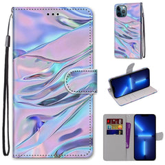 Funda de piel sintética con tapa horizontal con textura cruzada y dibujo de colores, con soporte, ranuras para tarjetas, billetera y cordón, para iPhone 13 Pro