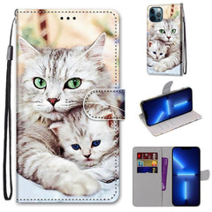 Funda de piel sintética con tapa horizontal con textura cruzada y dibujo de colores, con soporte, ranuras para tarjetas, billetera y cordón, para iPhone 13 Pro