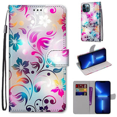 Funda de piel sintética con tapa horizontal con textura cruzada y dibujo de colores, con soporte, ranuras para tarjetas, billetera y cordón, para iPhone 13 Pro