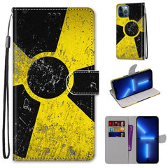 Funda de piel sintética con tapa horizontal con textura cruzada y dibujo de colores, con soporte, ranuras para tarjetas, billetera y cordón, para iPhone 13 Pro