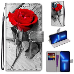 Funda de piel sintética con tapa horizontal con textura cruzada y dibujo de colores, con soporte, ranuras para tarjetas, billetera y cordón, para iPhone 13 Pro