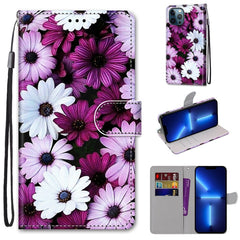 Funda de piel sintética con tapa horizontal con textura cruzada y dibujo de colores, con soporte, ranuras para tarjetas, billetera y cordón, para iPhone 13 Pro