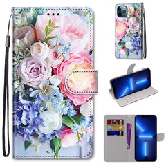 Funda de piel sintética con tapa horizontal con textura cruzada y dibujo de colores, con soporte, ranuras para tarjetas, billetera y cordón, para iPhone 13 Pro