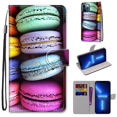 Funda de piel sintética con tapa horizontal con textura cruzada y dibujo de colores, con soporte, ranuras para tarjetas, billetera y cordón, para iPhone 13 Pro