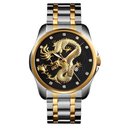 SKMEI 9193 Men Golden Dragon Pattern Calendar Dial Luminous Quartz Watch