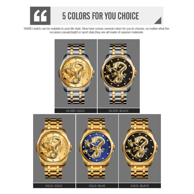 SKMEI 9193 Men Golden Dragon Pattern Calendar Dial Luminous Quartz Watch