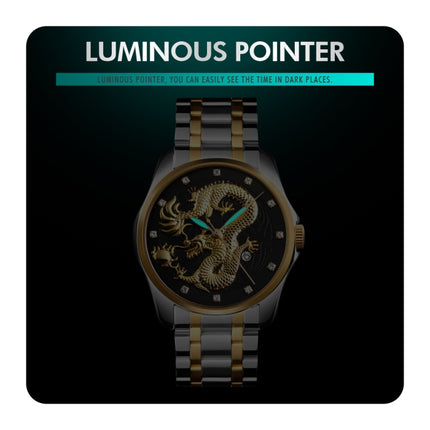 SKMEI 9193 Men Golden Dragon Pattern Calendar Dial Luminous Quartz Watch