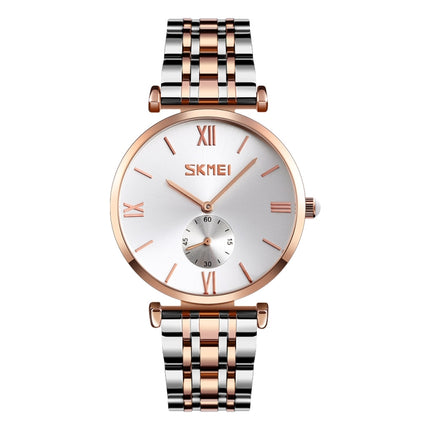 SKMEI 9198 Simple Roman Numeral Dial Metal Belt Quartz Watch for Couples