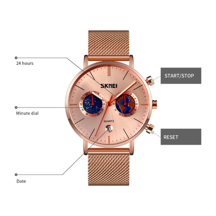 SKMEI 9231 Men Map Pattern Calendar Stopwatch Stainless Steel Strap Quartz Watch