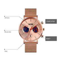 SKMEI 9231 Men Map Pattern Calendar Stopwatch Stainless Steel Strap Quartz Watch