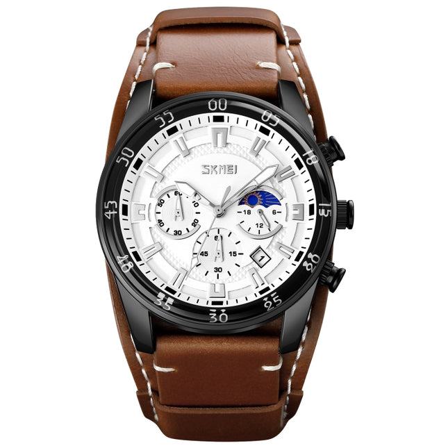 SKMEI 9249 Men Moonphase Calendar Stopwatch Leather Strap Quartz Watch