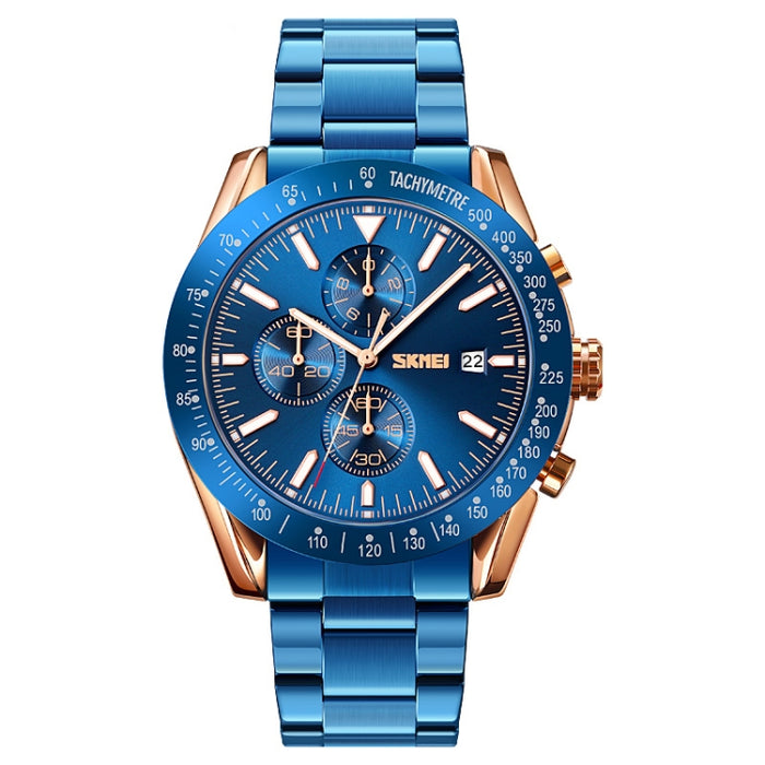 SKMEI 9253 Men Stopwatch Date Six Pin Stainless Steel Strap Quartz Watch