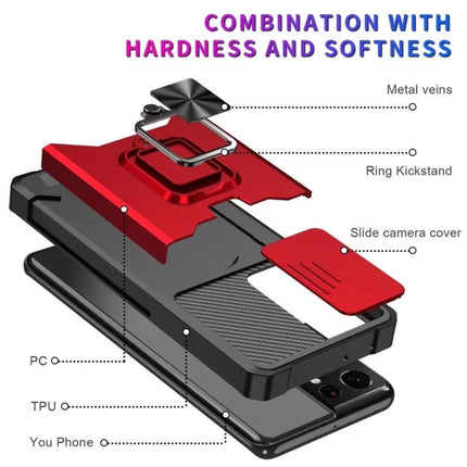 Sliding Camera Cover Design PC + TPU Shockproof Case with Ring Holder & Card Slot, For Samsung Galaxy S21 Ultra 5G