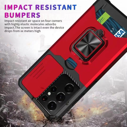 Sliding Camera Cover Design PC + TPU Shockproof Case with Ring Holder & Card Slot, For Samsung Galaxy S21 Ultra 5G