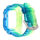 For Apple Watch Series 9 / 8 / 7 45mm / 6 / 5 / 4 / Watch SE 44mm / Watch 42mm / Blue And Green Horizontal. - Silver Buckle