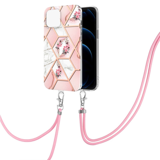 Electroplating Splicing Marble Flower Pattern TPU Shockproof Case with Lanyard, For iPhone 13 mini, For iPhone 13, For iPhone 13 Pro, For iPhone 13 Pro Max, For iPhone 12 mini, For iPhone 12 / 12 Pro, For iPhone 12 Pro Max, For iPhone 11