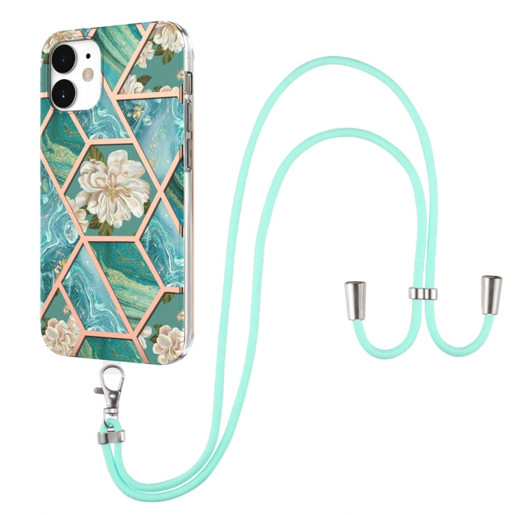 Galvanisiertes Spleißen, Marmor-Blumenmuster, stoßfeste TPU-Hülle mit Trageband, für iPhone 13 mini, für iPhone 13, für iPhone 13 Pro, für iPhone 13 Pro Max, für iPhone 12 mini, für iPhone 12 / 12 Pro, für iPhone 12 Pro Max, für iPhone 11