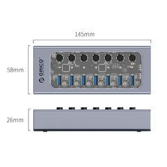 ORICO AT2U3-7AB-GY-BP 7 In 1 Aluminum Alloy Multi-Port USB HUB with Individual Switches,, EU Plug, UK Plug, AU Plug