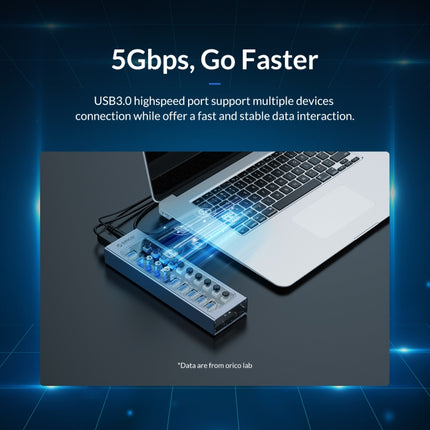 Concentrador USB multipuerto de aleación de aluminio 7 en 1 ORICO AT2U3-7AB-GY-BP con interruptores individuales, enchufe de la UE, enchufe del Reino Unido, enchufe de Australia