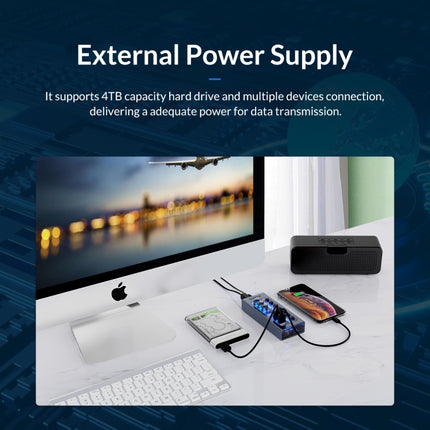 Concentrador USB multipuerto de aleación de aluminio 7 en 1 ORICO AT2U3-7AB-GY-BP con interruptores individuales, enchufe de la UE, enchufe del Reino Unido, enchufe de Australia