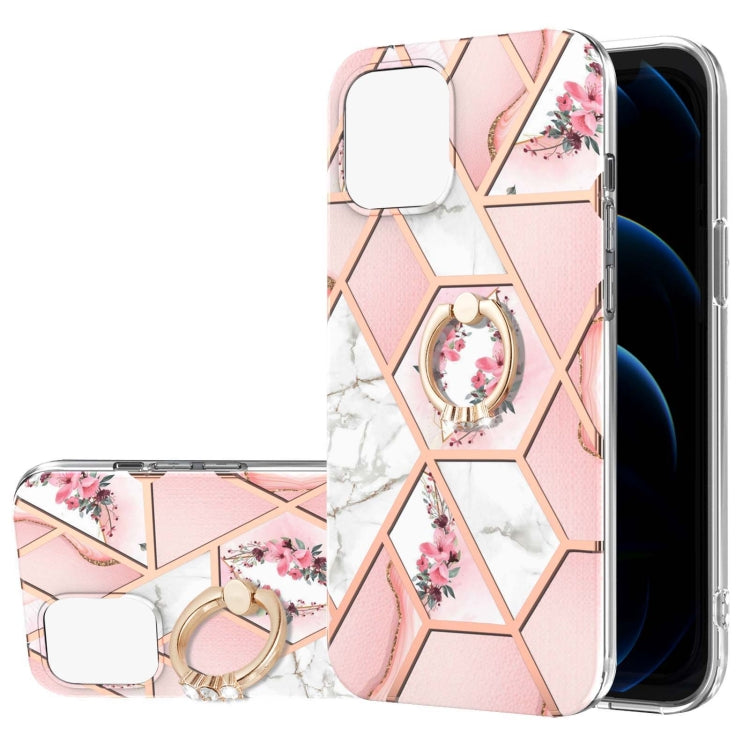 Electroplating Splicing Marble Flower Pattern TPU Shockproof Case with Rhinestone Ring Holder, For iPhone 13 mini, For iPhone 13, For iPhone 13 Pro, For iPhone 13 Pro Max, For iPhone 12 mini, For iPhone 12 / 12 Pro, For iPhone 12 Pro Max, For iPhone 11