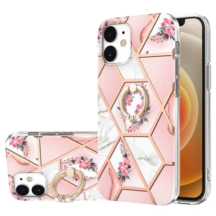 Electroplating Splicing Marble Flower Pattern TPU Shockproof Case with Rhinestone Ring Holder, For iPhone 13 mini, For iPhone 13, For iPhone 13 Pro, For iPhone 13 Pro Max, For iPhone 12 mini, For iPhone 12 / 12 Pro