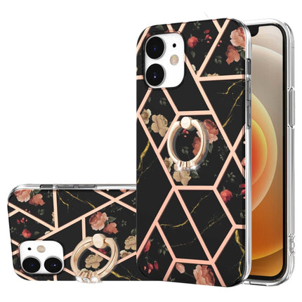 Electroplating Splicing Marble Flower Pattern TPU Shockproof Case with Rhinestone Ring Holder, For iPhone 13 mini, For iPhone 13, For iPhone 13 Pro, For iPhone 13 Pro Max, For iPhone 12 mini, For iPhone 12 / 12 Pro