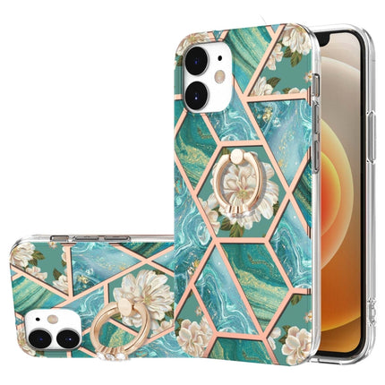 Electroplating Splicing Marble Flower Pattern TPU Shockproof Case with Rhinestone Ring Holder, For iPhone 13 mini, For iPhone 13, For iPhone 13 Pro, For iPhone 13 Pro Max, For iPhone 12 mini, For iPhone 12 / 12 Pro