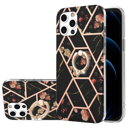 Electroplating Splicing Marble Flower Pattern TPU Shockproof Case with Rhinestone Ring Holder, For iPhone 13 mini, For iPhone 13, For iPhone 13 Pro, For iPhone 13 Pro Max, For iPhone 12 mini, For iPhone 12 / 12 Pro