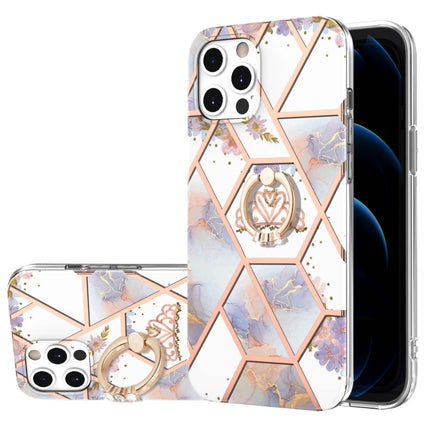 Electroplating Splicing Marble Flower Pattern TPU Shockproof Case with Rhinestone Ring Holder, For iPhone 13 mini, For iPhone 13, For iPhone 13 Pro, For iPhone 13 Pro Max, For iPhone 12 mini, For iPhone 12 / 12 Pro