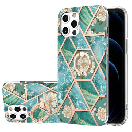 Electroplating Splicing Marble Flower Pattern TPU Shockproof Case with Rhinestone Ring Holder, For iPhone 13 mini, For iPhone 13, For iPhone 13 Pro, For iPhone 13 Pro Max, For iPhone 12 mini, For iPhone 12 / 12 Pro