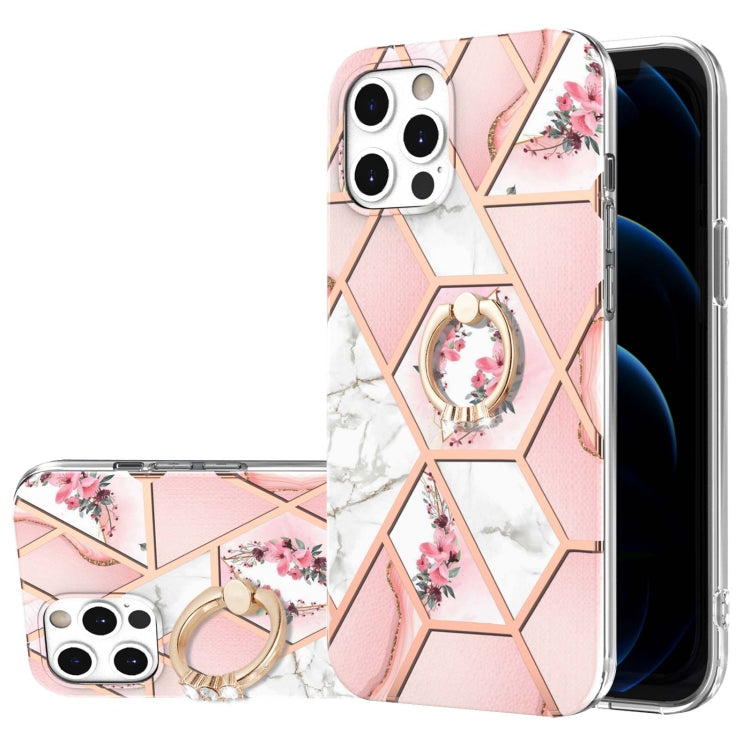 Electroplating Splicing Marble Flower Pattern TPU Shockproof Case with Rhinestone Ring Holder, For iPhone 12 Pro Max, For iPhone 11, For iPhone 11 Pro, For iPhone 11 Pro Max, For iPhone X / XS, For iPhone XR