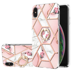 Electroplating Splicing Marble Flower Pattern TPU Shockproof Case with Rhinestone Ring Holder, For iPhone XS Max, For iPhone SE 2022 / SE 2020 / 7 / 8, For iPhone 7 Plus / 8 Plus