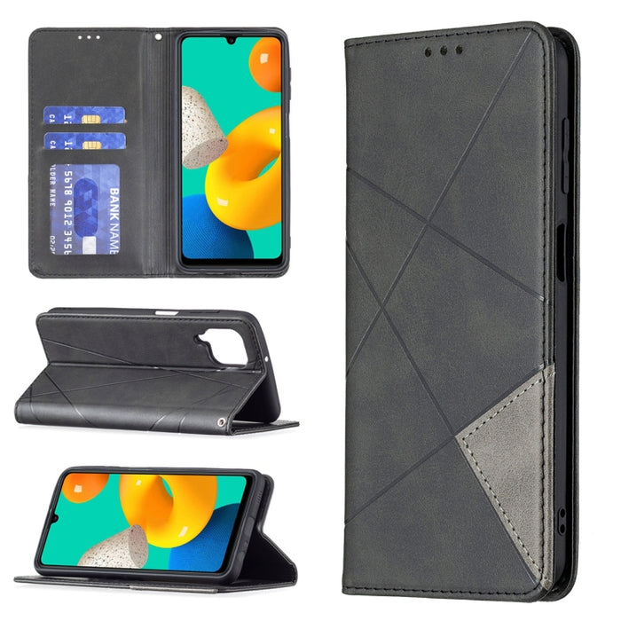 Rhombus Texture Horizontal Flip Magnetic Leather Case with Holder & Card Slots, For Samsung Galaxy M32