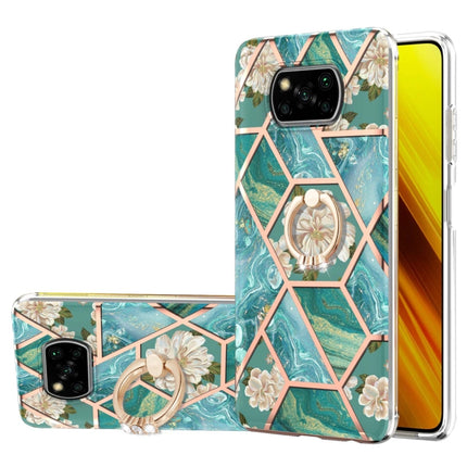 Electroplating Splicing Marble Flower Pattern TPU Shockproof Case with Rhinestone Ring Holder, For Xiaomi Redmi Note 9S, For Xiaomi Redmi Note 10, For Xiaomi Redmi Note 10 Pro Max, For Xiaomi Poco X3 NFC