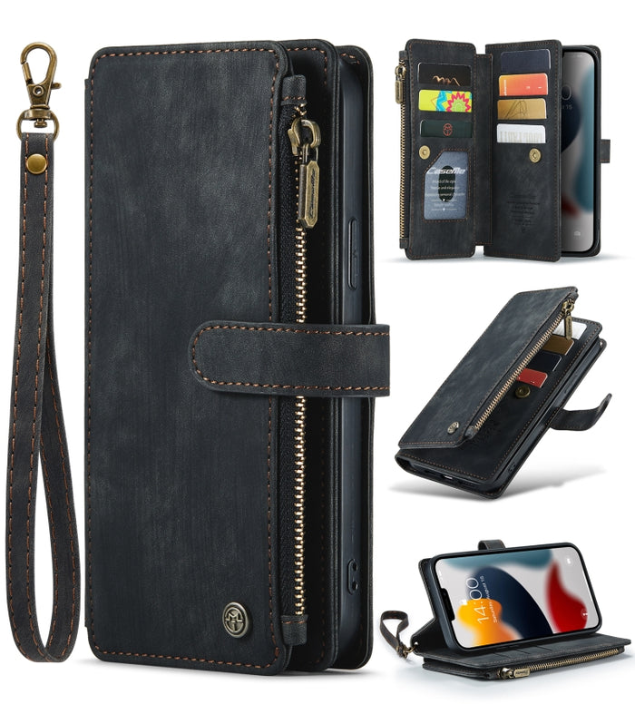 CaseMe-C30 PU + TPU Multifunktionale horizontale Flip-Ledertasche mit Halter &amp; Kartensteckplatz &amp; Geldbörse &amp; Reißverschlusstasche, für iPhone 13 Pro Max, für iPhone 13 Pro, für iPhone 13, für iPhone 13 mini
