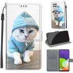 For Samsung Galaxy A22 4G / C15 Blue Sweater White Cat