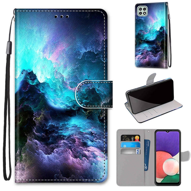 Coloured Drawing Cross Texture Horizontal Flip PU Leather Case with Holder & Card Slots & Wallet & Lanyard, For Samsung Galaxy A22 5G