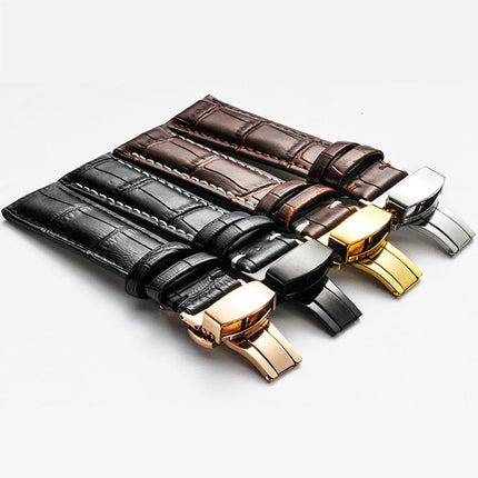 Classic Cowhide Leather Gold Butterfly Buckle Replacement Strap Watchband, 10mm, 12mm, 14mm, 16mm, 18mm, 20mm, 22mm, 24mm