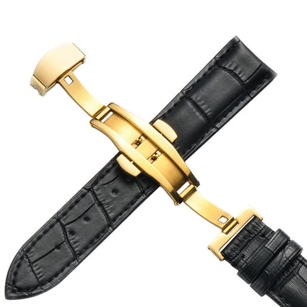 Classic Cowhide Leather Gold Butterfly Buckle Replacement Strap Watchband, 10mm, 12mm, 14mm, 16mm, 18mm, 20mm, 22mm, 24mm