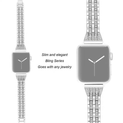 Double Row Diamond Alloy Watchband, For Apple Watch Series 8&7 41mm / SE 2&6&SE&5&4 40mm / 3&2&1 38mm, For Apple Watch Series 7 41mm / 6 & SE & 5 & 4 40mm / 3 & 2 & 1 38mm, For Apple Watch Series 8&7 45mm / SE 2&6&SE&5&4 44mm / 3&2&1 42mm