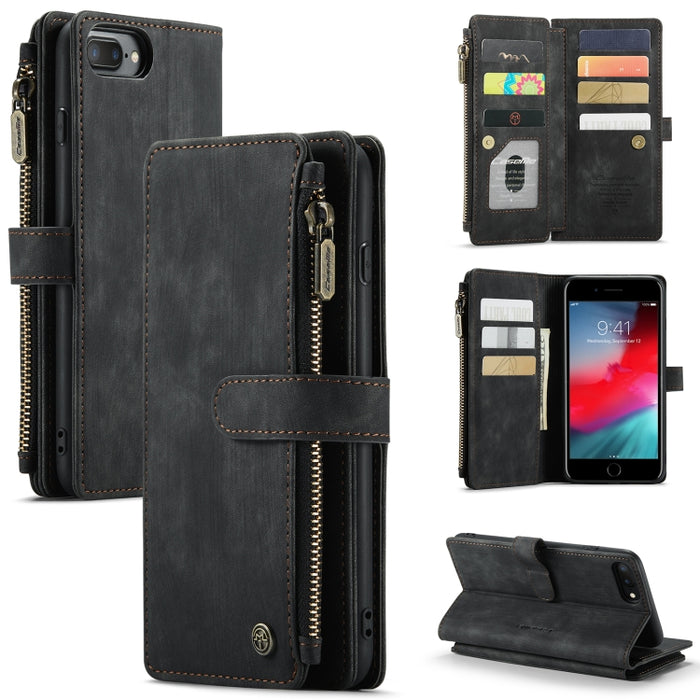CaseMe-C30 - Funda de piel sintética y TPU multifuncional con tapa horizontal, ranura para tarjetas, billetera y bolsillo con cremallera, para iPhone 8 Plus, 7 Plus y 6 Plus, iPhone SE 2022/SE 2020/8/7/6, iPhone 11, iPhone 11 Pro, iPhone 11 Pro Max