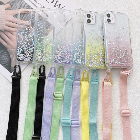 Gradient Glitter Powder Epoxy TPU Thickened Acrylic Shockproof Case with Wide Neck Lanyard, For iPhone 13 mini, For iPhone 13, For iPhone 13 Pro, For iPhone 13 Pro Max, For iPhone 12 mini